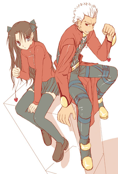 hazakura mitsuki, archer (fate), tohsaka rin, fate/stay night, fate (series), 00s, 1boy, 1girl, black thighhighs, dark-skinned male, dark skin, legs, long legs, thighhighs, turtleneck, two side up