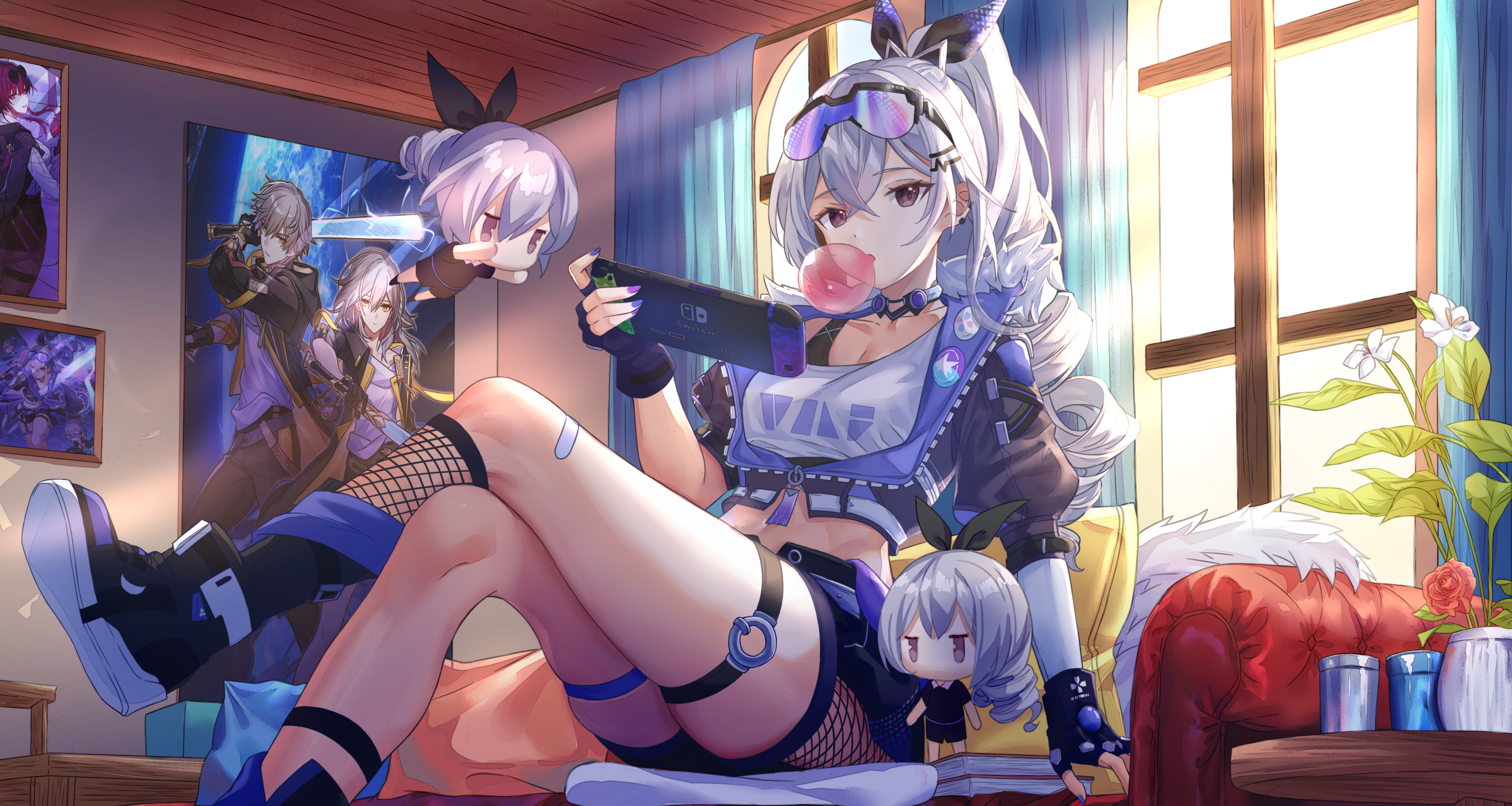 alaya0130, caelus (honkai: star rail), kafka (honkai: star rail), silver wolf (honkai: star rail), stelle (honkai: star rail), trailblazer (honkai: star rail), honkai: star rail, honkai (series), absurdres, commentary, highres, textless version, 1girl, backlighting, bandaid, bandaid on leg, black gloves, black jacket, black shorts, book, book stack, ceiling, chewing gum, collarbone, crossed bangs, crossed legs, curtains, day, doll, earrings, eyewear on head, fingerless gloves, fingernails, flower, foot out of frame, fur-trimmed jacket, fur trim, gloves, grey eyes, grey hair, hair between eyes, hair ornament, hairclip, indoors, jacket, jewelry, knees, knees up, legs, long hair, looking at viewer, nail polish, open clothes, open jacket, pillow, ponytail, poster (object), purple-tinted eyewear, shirt, shorts, sidelocks, single-shoulder shirt, sitting, solo, stomach, sunlight, table, tinted eyewear, unzipped, vase, white flower, white shirt, window, window shadow