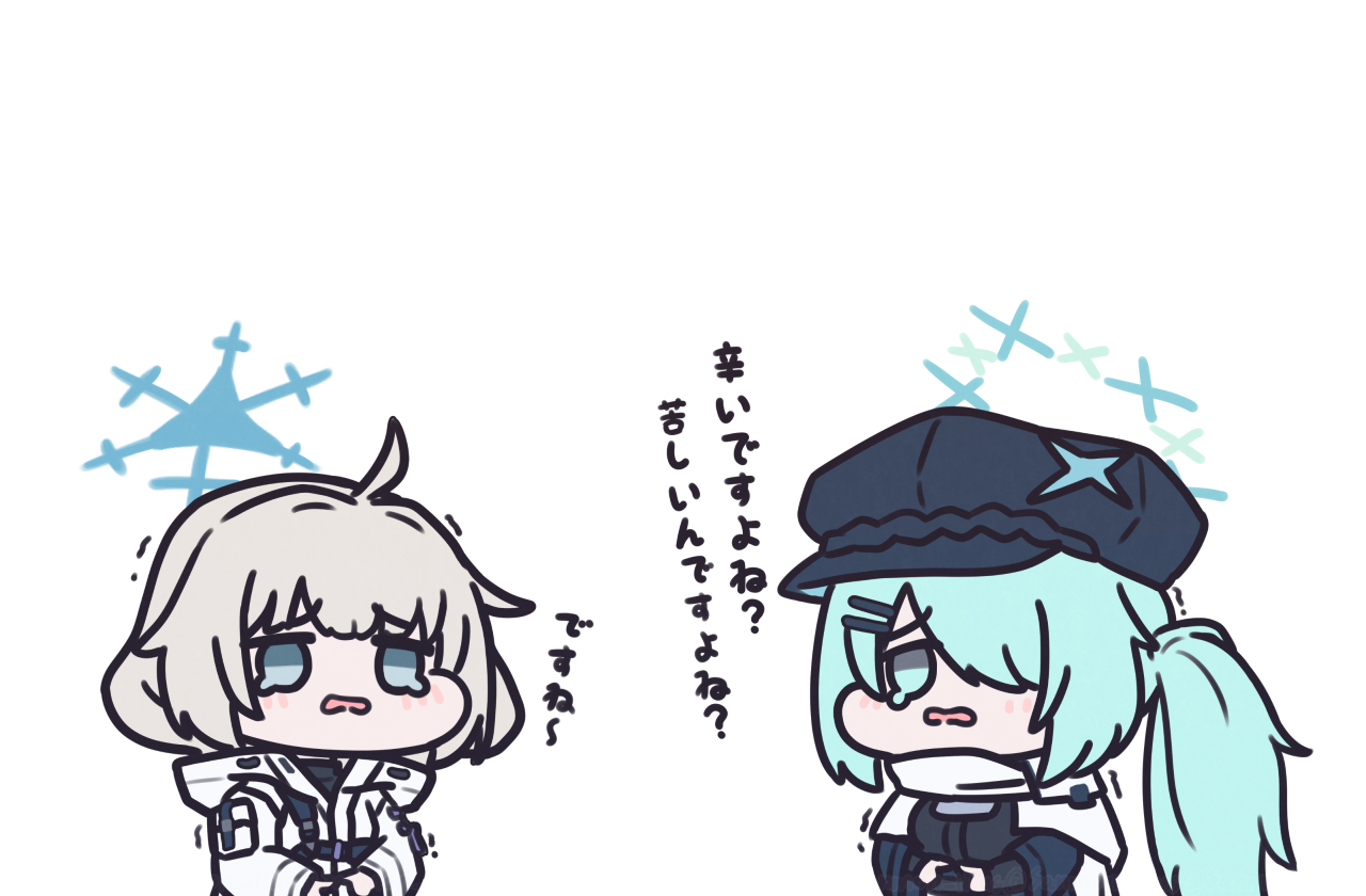 sanmon illus, hiyori (blue archive), blue archive, character request, commentary request, translation request, 2girls, ahoge, aqua eyes, aqua hair, aqua halo, black hat, black shirt, chibi, chibi only, crying, grey eyes, grey hair, hair ornament, hairclip, halo, hat, jacket, long hair, motion lines, multiple girls, newsboy cap, open mouth, peanut mouth, shirt, side ponytail, simple background, white background, white jacket
