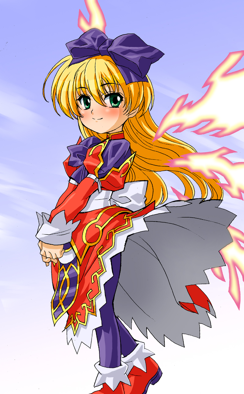 g-tetsu, aruma (shinrabanshou), shinrabanshou, highres, blonde hair, boots, green eyes, long hair, pantyhose, red boots, solo