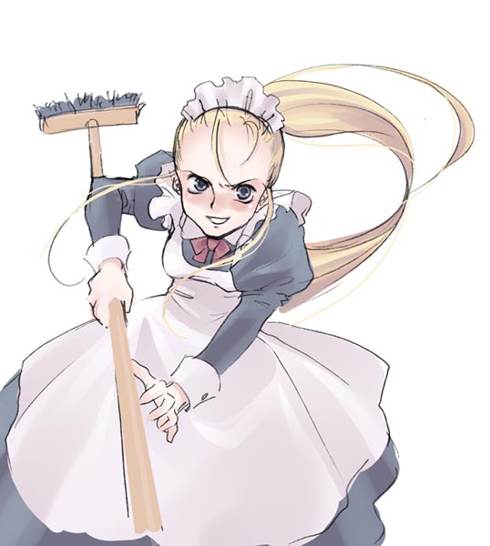 torazou, 1girl, blonde hair, broom, female focus, long hair, maid, ponytail, solo, very long hair