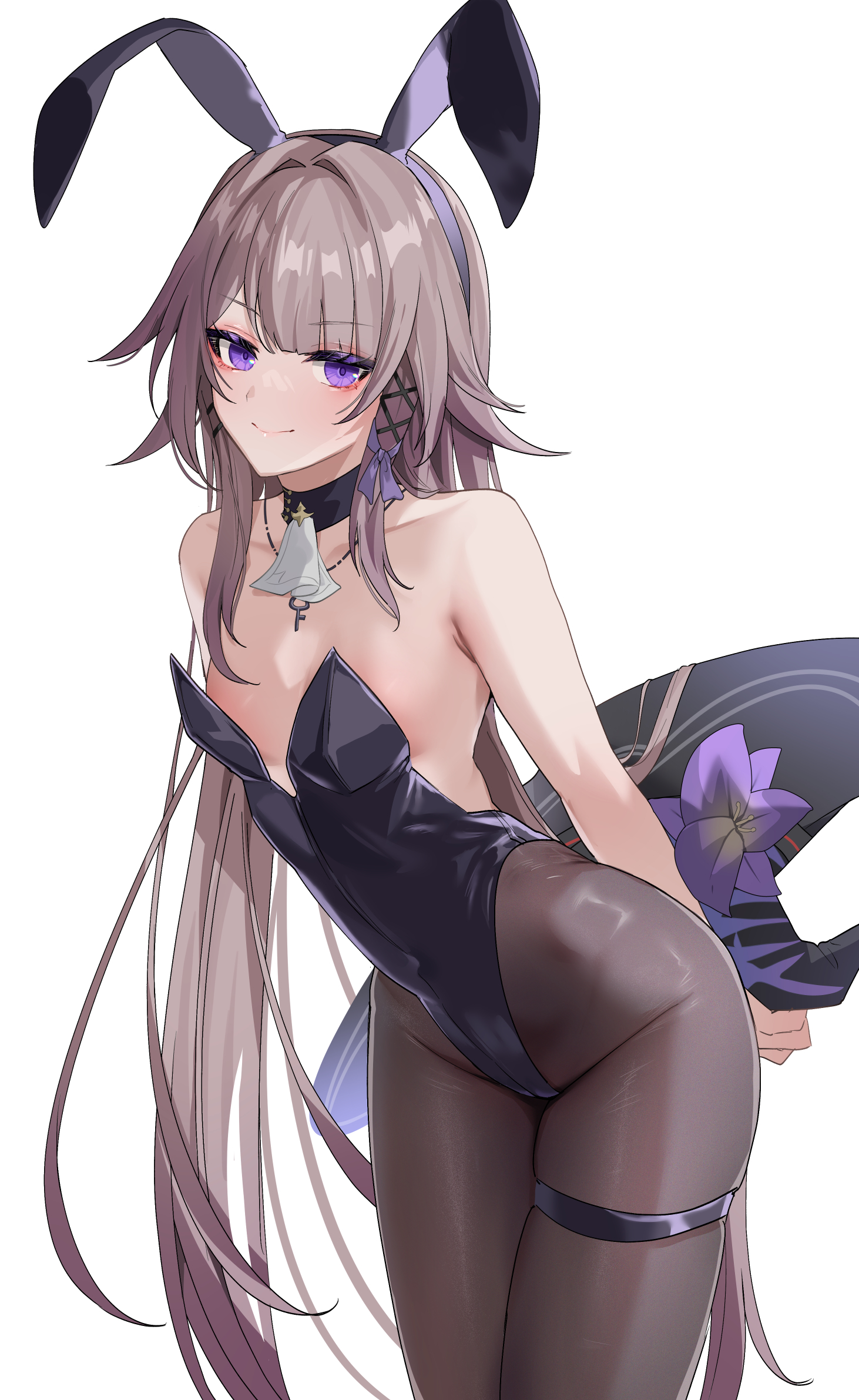 anzu0130, herta (honkai: star rail), the herta (honkai: star rail), honkai: star rail, honkai (series), commentary request, highres, 1girl, alternate costume, animal ears, bare shoulders, black leotard, black pantyhose, breasts, brown hair, fake animal ears, hat, holding, holding unworn clothes, holding unworn hat, leotard, long hair, looking at viewer, pantyhose, playboy bunny, purple eyes, rabbit ears, simple background, small breasts, smile, solo, thigh strap, unworn hat, unworn headwear, very long hair, white background, witch hat