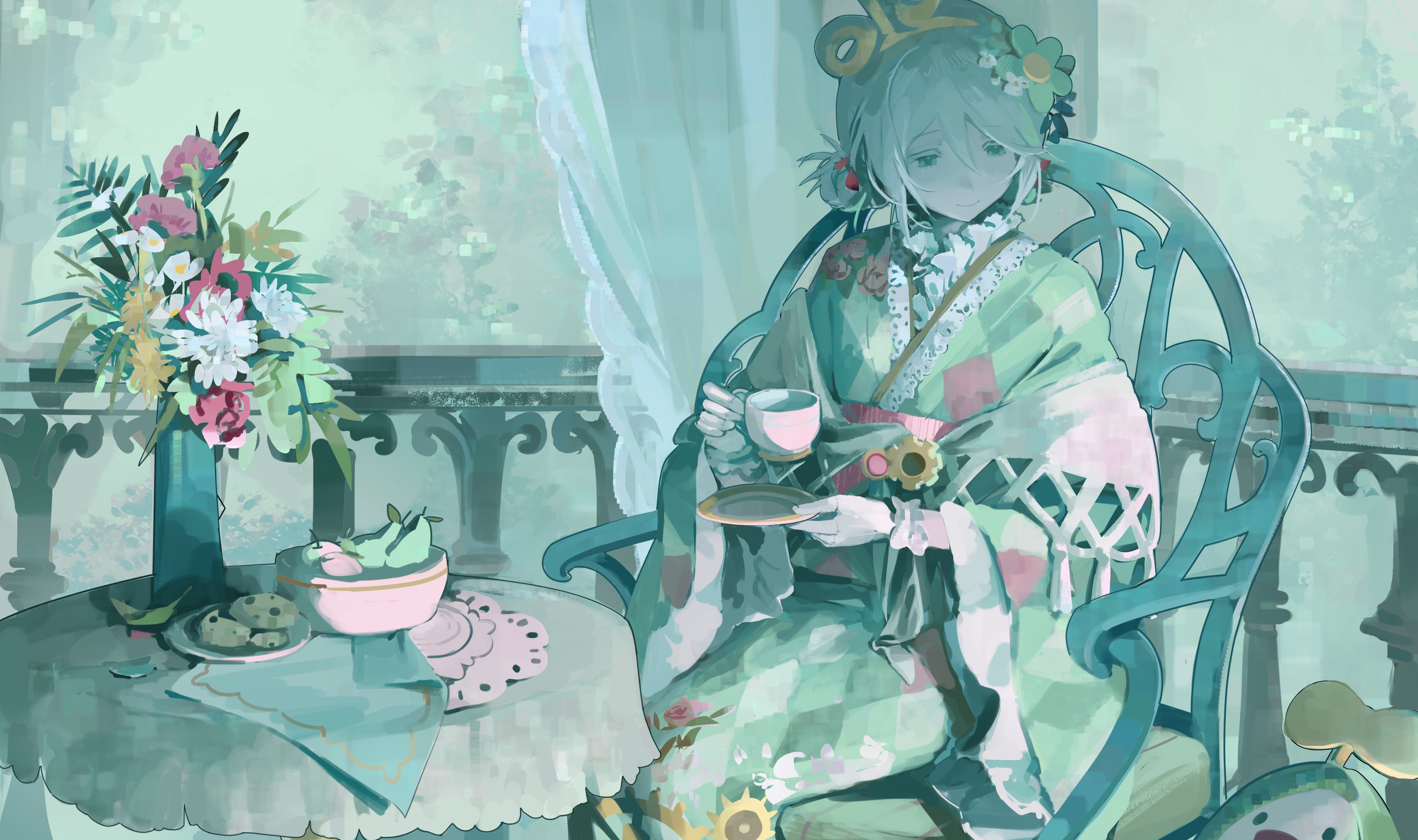 cecilia immergreen, cecilia immergreen (new year), otomo (cecilia immergreen), hololive, hololive english, absurdres, highres, 1girl, aikamaki, cookie, cup, flower, food, fruit bowl, gloves, green eyes, green kimono, grey hair, hair bun, hair flower, hair ornament, holding, holding cup, japanese clothes, kimono, sitting, smile, table, teacup, virtual youtuber, white gloves