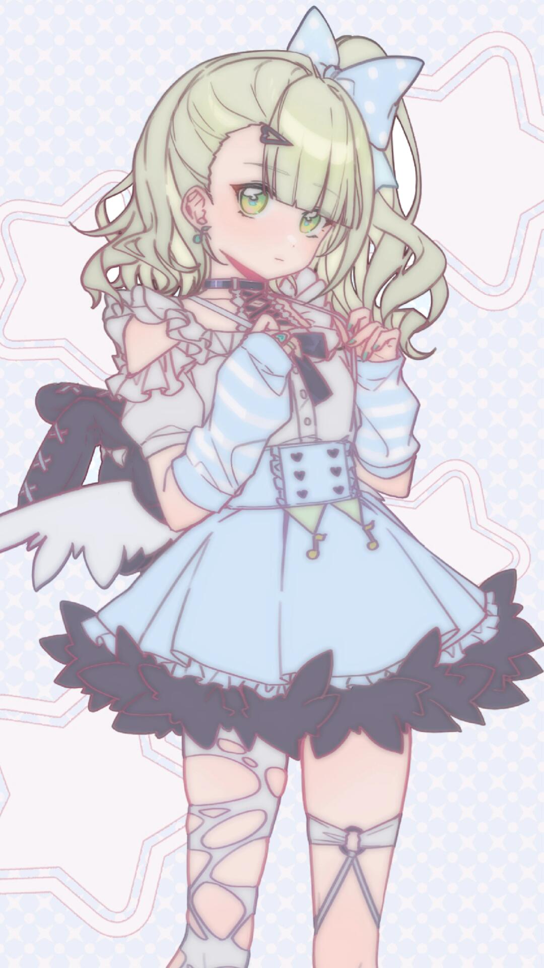 shenlan yunxing, chinatsu remiel, zenless zone zero, bad source, highres, 1girl, asymmetrical bangs, blue bow, blue skirt, bow, choker, detached sleeves, earrings, frills, gradient eyes, green eyes, green hair, hair bow, hair ornament, jewelry, leg ribbon, looking at viewer, multicolored eyes, one side up, ribbon, side ponytail, skirt, solo, torn clothes, wings, yellow eyes