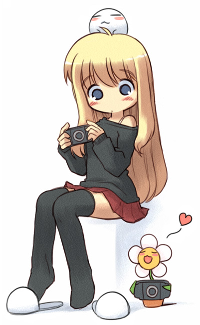 nakopapa, original, 1girl, black thighhighs, blonde hair, blue eyes, blush, female focus, flower, handheld game console, long hair, playstation portable, shoes, simple background, single shoe, slippers, solo, sweater, thighhighs