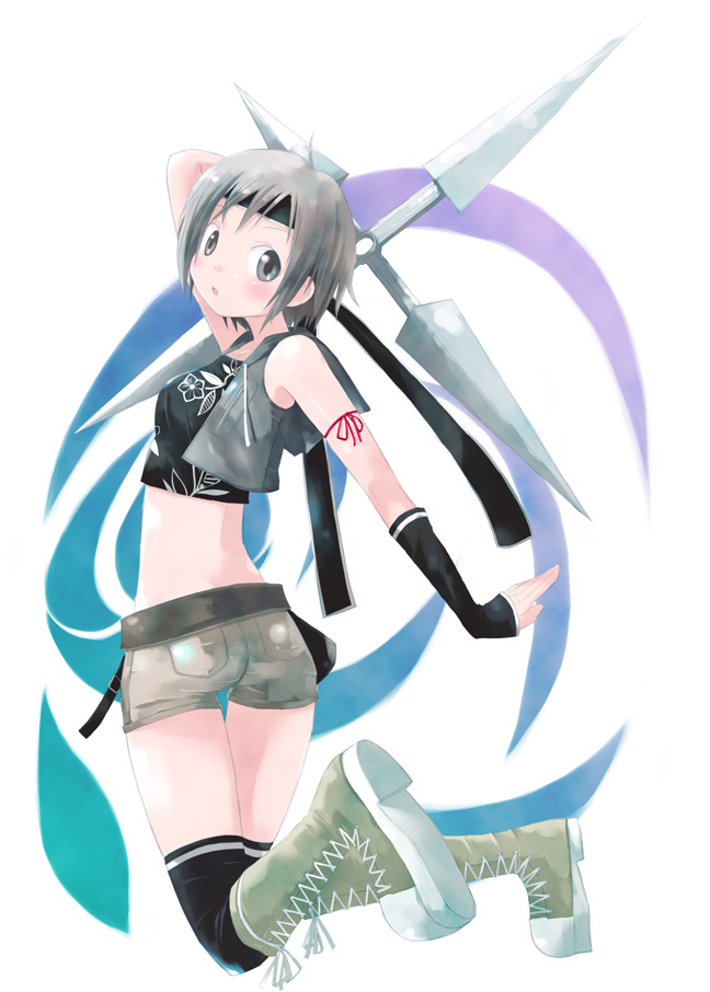 shiba yuusuke, yuffie kisaragi, final fantasy, final fantasy vii, final fantasy vii advent children, 00s, 1990s (style), 1girl, black thighhighs, boots, female focus, headband, pocket, polyzm, retro artstyle, short shorts, shorts, shuriken, solo, thighhighs, weapon