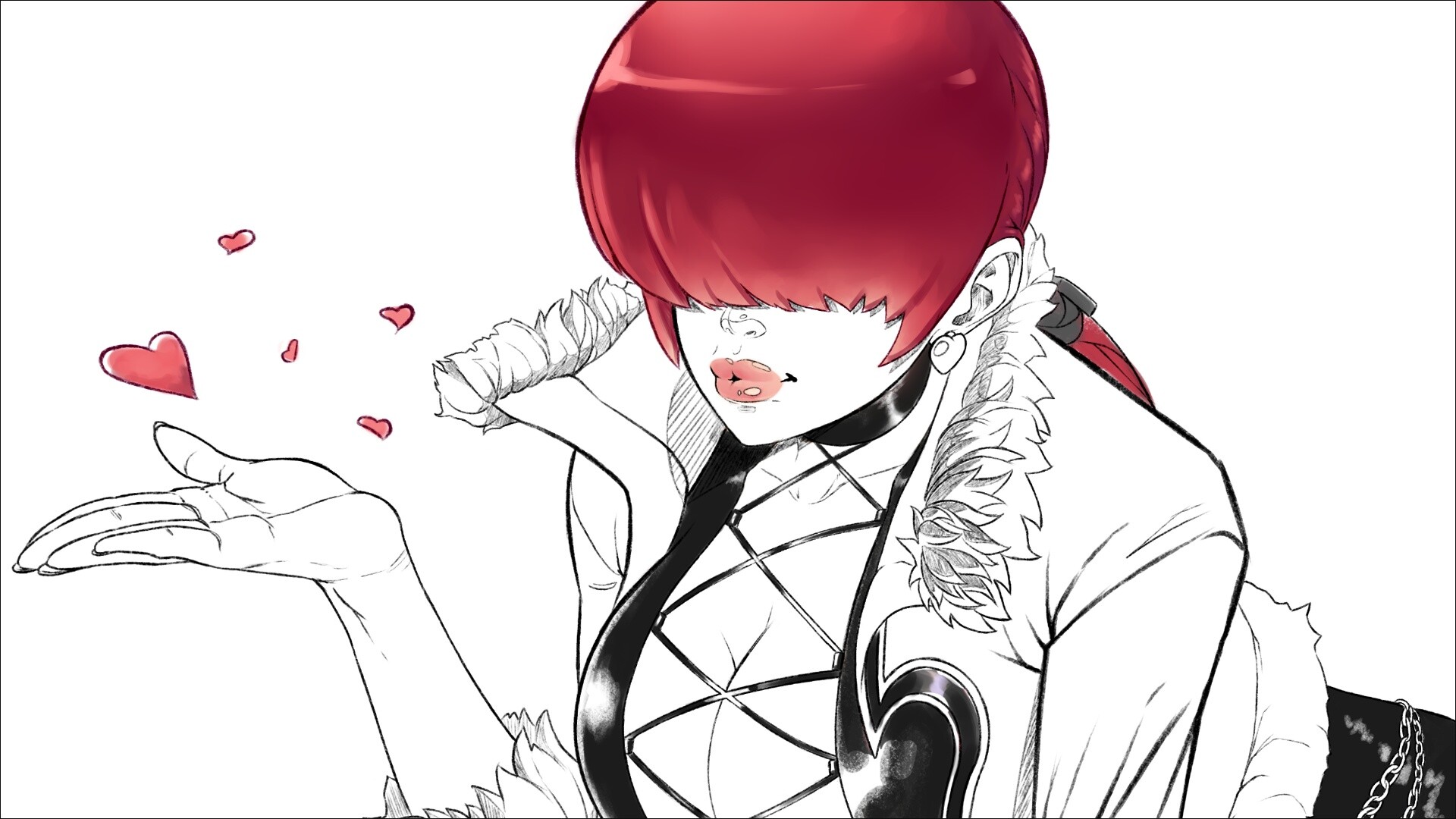 farronhart, tonyfarronhart, shermie (kof), the king of fighters, 1girl, bend, breasts, cleavage, cleavage cutout, clothing cutout, curvy, dress, earrings, female focus, fishnets, fluffy, hand up, heart, huge breasts, jacket, jewelry, large breasts, long hair, ponytail, red hair, thick lips, thick thighs, thighs, wide hips