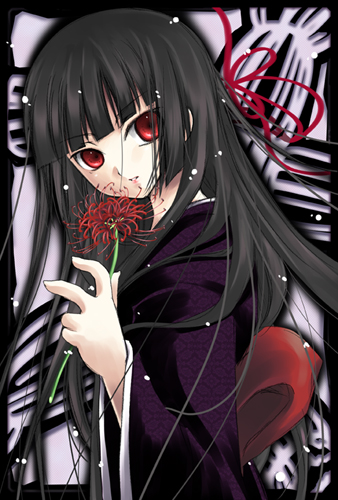 yukian, enma ai, jigoku shoujo, lowres, 00s, blunt bangs, flower, hime cut, japanese clothes, long hair, red eyes, red flower, solo, spider lily