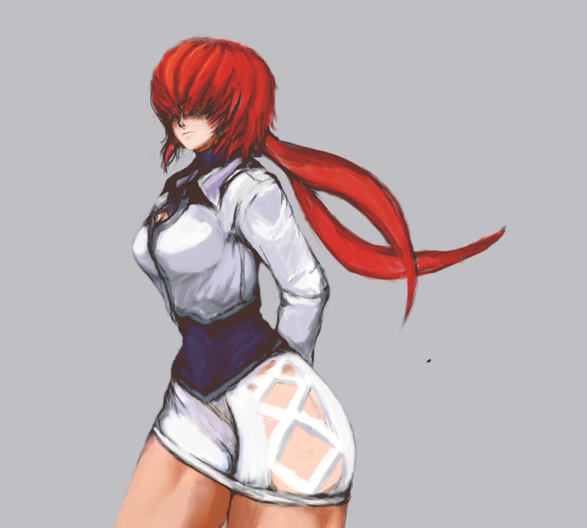shermie (kof), the king of fighters, 1girl, breasts, cleavage cutout, clothing cutout, curvy, dress, female focus, fishnets, jacket, large breasts, long hair, long sleeves, metalbrasier2x0, pale skin, ponytail, red hair, skirt, standing, thick thighs, thighs, twintails, wide hips
