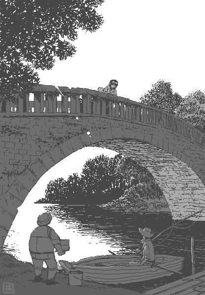 ouya (maboroshimori), kino (kino no tabi), kino no tabi, vehicle, 00s, 1girl, 2boys, boat, box, bridge, bucket, dock, fishing, fishing rod, greyscale, hat, monochrome, motor vehicle, motorcycle, multiple boys, nature, outdoors, plant, river, scenery, slice of life, tree, water, watercraft