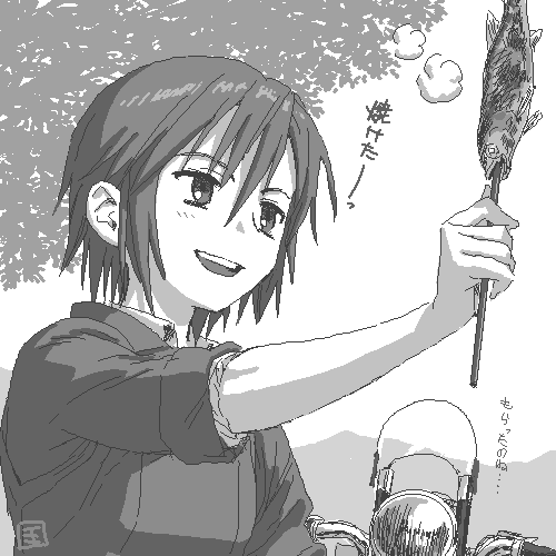 ouya (maboroshimori), hermes (kino no tabi), kino (kino no tabi), kino no tabi, lowres, 00s, 1girl, androgynous, female focus, fish, fish (food), greyscale, monochrome, motor vehicle, motorcycle, outdoors, reverse trap, solo