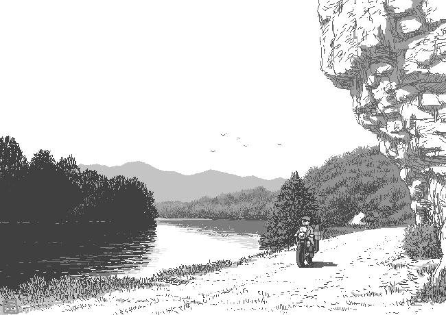 ouya (maboroshimori), hermes (kino no tabi), kino (kino no tabi), kino no tabi, vehicle, 00s, 1girl, bird, box, cliff, female focus, forest, greyscale, hat, lake, monochrome, motor vehicle, motorcycle, nature, outdoors, plant, river, road, scenery, slice of life, solo, tree, water