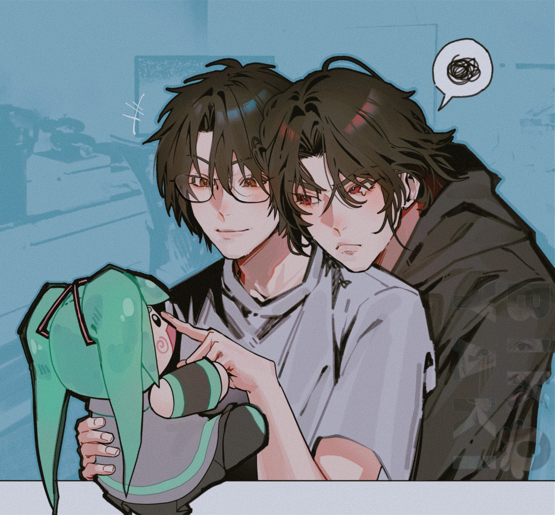 hatsune miku, luo binghe, shen qingqiu, renzha fanpai zijiu xitong, highres, 2boys, :d, alternate hair length, alternate hairstyle, bikoyaki, black-framed eyewear, black hair, black hoodie, blue background, blue outline, casual, character doll, closed mouth, contemporary, curtained hair, doll, glasses, green hair, hair between eyes, head on another's shoulder, holding, holding doll, hood, hood down, hoodie, indoors, jealous, light blush, looking at another, multiple boys, official alternate hairstyle, open mouth, outline, parted bangs, photo background, pout, raised eyebrow, red eyes, shirt, short hair, short sleeves, smile, spoken squiggle, squiggle, swirl, t-shirt, tearing up, twintails, v-shaped eyebrows, watermark, wavy hair, white shirt, yaoi