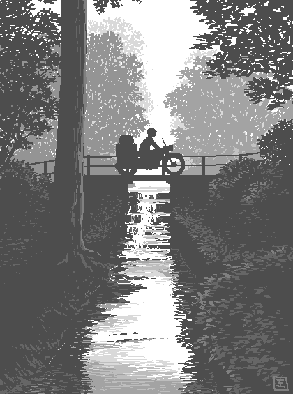 ouya (maboroshimori), hermes (kino no tabi), kino (kino no tabi), kino no tabi, vehicle, 00s, 1girl, box, bridge, canal, female focus, greyscale, hat, monochrome, motor vehicle, motorcycle, nature, outdoors, plant, river, scenery, silhouette, solo, tree, water, waterfall