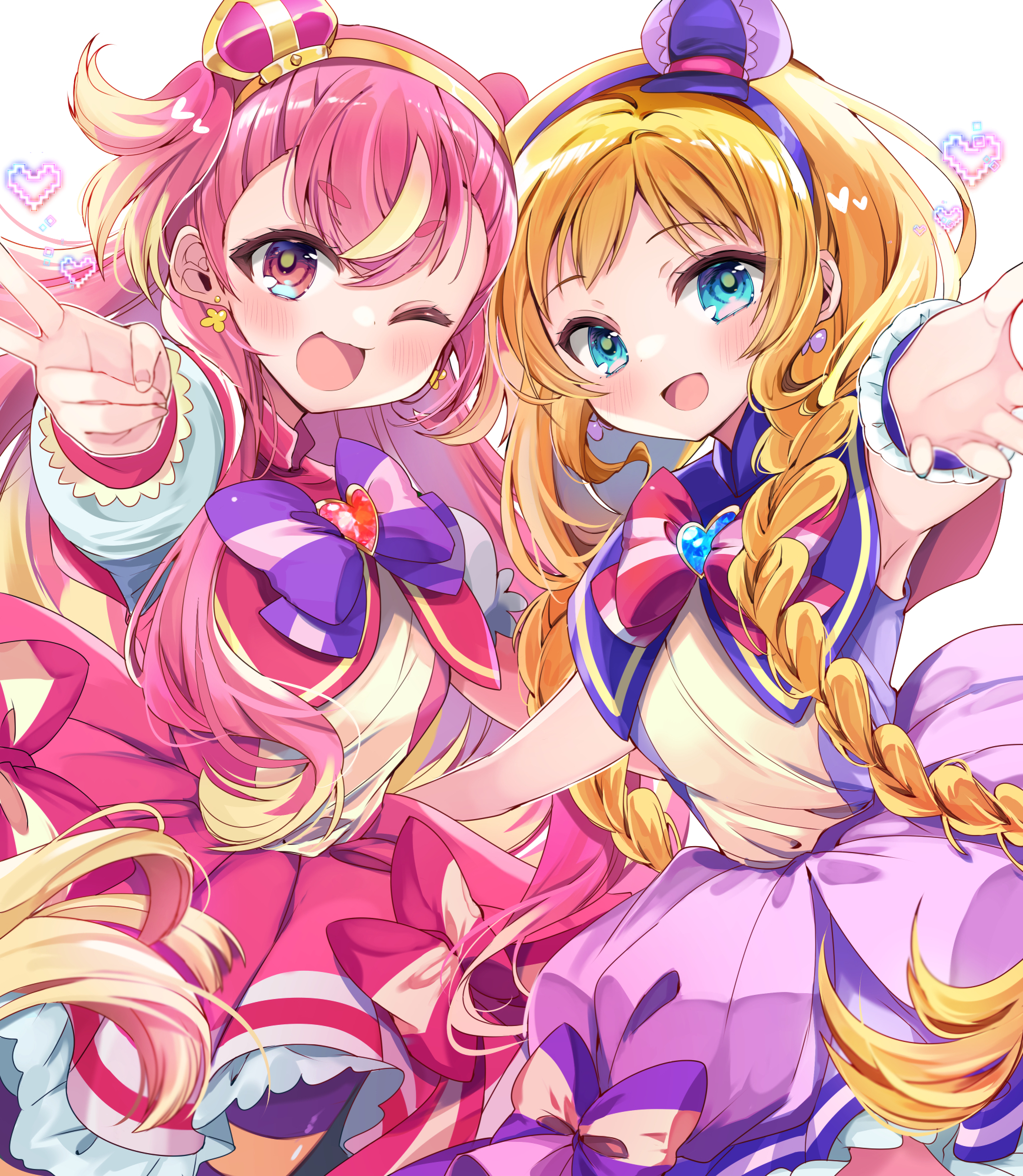 kasane (cynthia), cure friendy, cure wonderful, inukai iroha, inukai komugi, precure, wonderful precure!, commentary request, highres, 2girls, :3, ;d, blonde hair, blue eyes, blush, bow, bowtie, braid, brooch, cowboy shot, crown, double-parted bangs, dress, dress bow, earrings, frilled dress, frills, hairband, heart, heart brooch, jewelry, long hair, looking at viewer, multicolored hair, multiple girls, one eye closed, open mouth, outstretched arm, pink dress, pink eyes, pink hair, purple bow, purple bowtie, purple dress, purple hairband, short sleeves, simple background, sleeveless, sleeveless dress, smile, streaked hair, striped bow, striped bowtie, striped clothes, twin braids, two-tone hair, white background, wrist cuffs, yellow hairband
