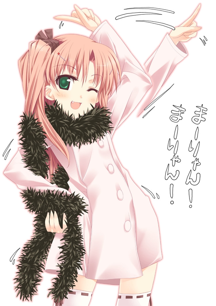 maaryan (to heart), to heart (series), to heart 2, translated, 00s, 1girl, fang, feather boa, female focus, green eyes, long hair, long sleeves, one eye closed, one side up, oppai oppai, pink hair, pointing, ribbon, ribbon-trimmed legwear, ribbon trim, scarf, solo, tasukete eirin, thighhighs, twintails, wink
