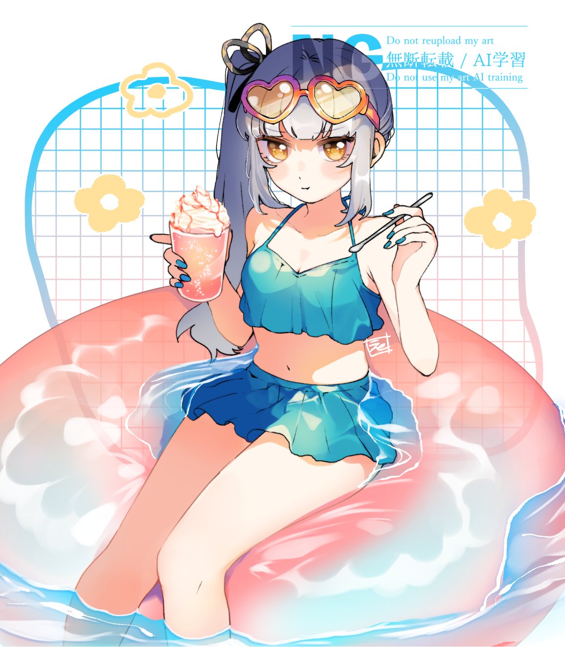 eto (etonomemo1008), kasumi (kancolle), kasumi kai ni (kancolle), kasumi kai ni (swimsuit) (kancolle), kantai collection, commission, highres, skeb commission, 1girl, bikini, bikini skirt, blue bikini, breasts, closed mouth, cup, eyewear on head, flower symbol, grey hair, heart, heart-shaped eyewear, holding, holding cup, holding spoon, inflatable raft, long hair, looking at viewer, orange eyes, side ponytail, sidelocks, signature, simple background, sitting, small breasts, soaking feet, solo, spoon, sunglasses, swimsuit, water, whipped cream