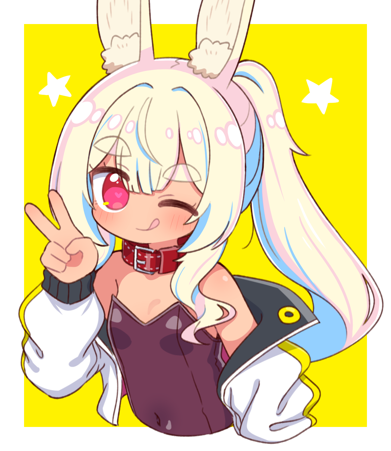 naga u, masurao (sekaiju), masurao 2 (sekaiju), etrian odyssey, sekaiju no meikyuu, sekaiju no meikyuu 5, highres, 1girl, ;q, animal ear fluff, animal ears, bare shoulders, belt collar, blonde hair, blue hair, border, breasts, closed mouth, collar, covered navel, cropped torso, heart, heart-shaped pupils, jacket, leotard, long hair, long sleeves, looking at viewer, multicolored hair, off shoulder, one eye closed, open clothes, open jacket, outside border, pink eyes, ponytail, puffy long sleeves, puffy sleeves, purple leotard, rabbit ears, rabbit girl, red collar, simple background, small breasts, solo, strapless, strapless leotard, streaked hair, symbol-shaped pupils, thick eyebrows, tongue, tongue out, v, white border, white jacket, yellow background
