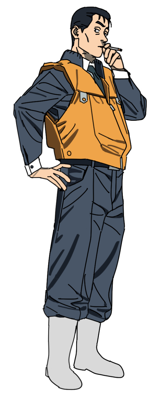 imamura ryou, gotou kiichi, kidou keisatsu patlabor, highres, 1boy, belt, black hair, blowing smoke, boots, cigarette, full body, grey pants, hand on own hip, holding, holding cigarette, jacket, pants, police, police uniform, policeman, track jacket, white background