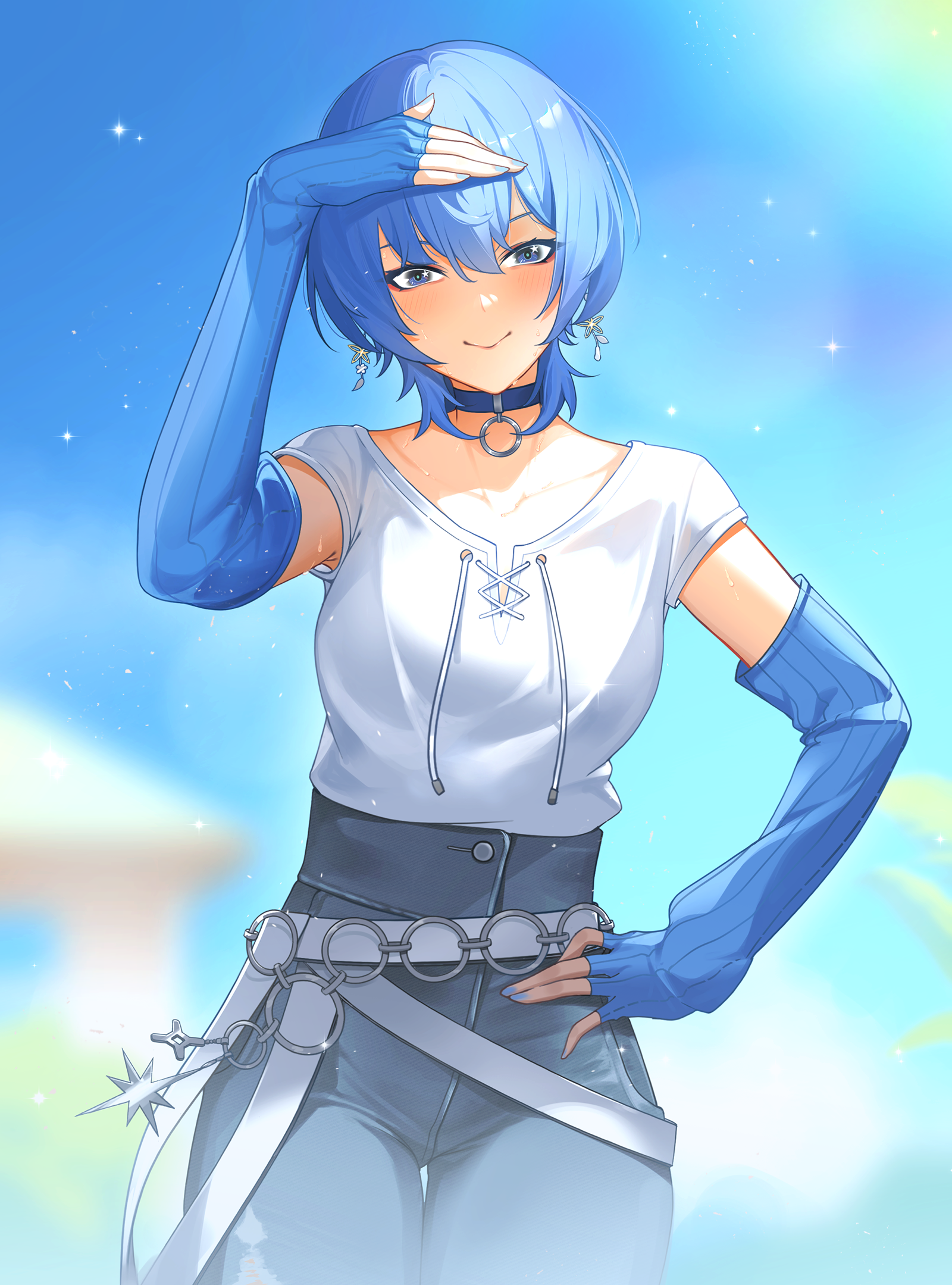 hoshimachi suisei, hololive, holonatsu paradise, highres, 1girl, arm up, bayuh21, belt, blue background, blue choker, blue eyes, blue gloves, blue hair, blue pants, choker, closed mouth, collarbone, earrings, elbow gloves, fingerless gloves, gloves, gradient background, hand on own hip, high-waist pants, jewelry, looking at viewer, pants, shirt, short hair, smile, solo, star (symbol), star in eye, symbol in eye, virtual youtuber, white belt, white shirt