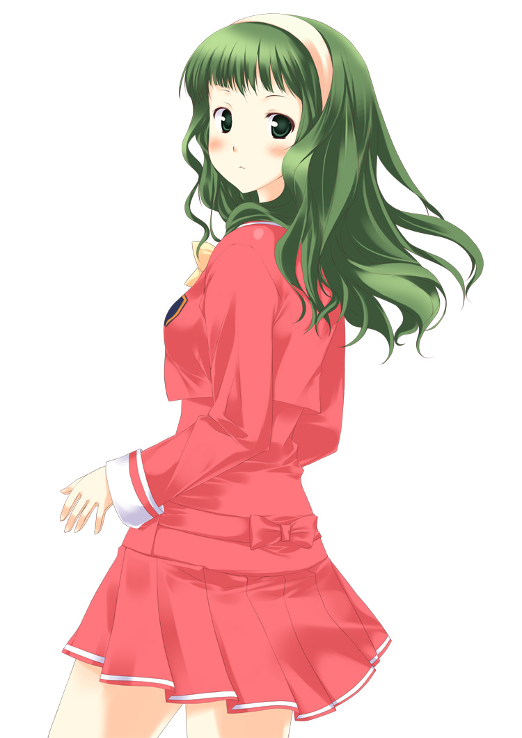 mizuki makoto, kamiizumi yasuna, kashimashi, 00s, 1girl, blush, breasts, female focus, green eyes, green hair, hairband, long hair, looking back, matching hair/eyes, pleated skirt, school uniform, serafuku, simple background, skirt, solo