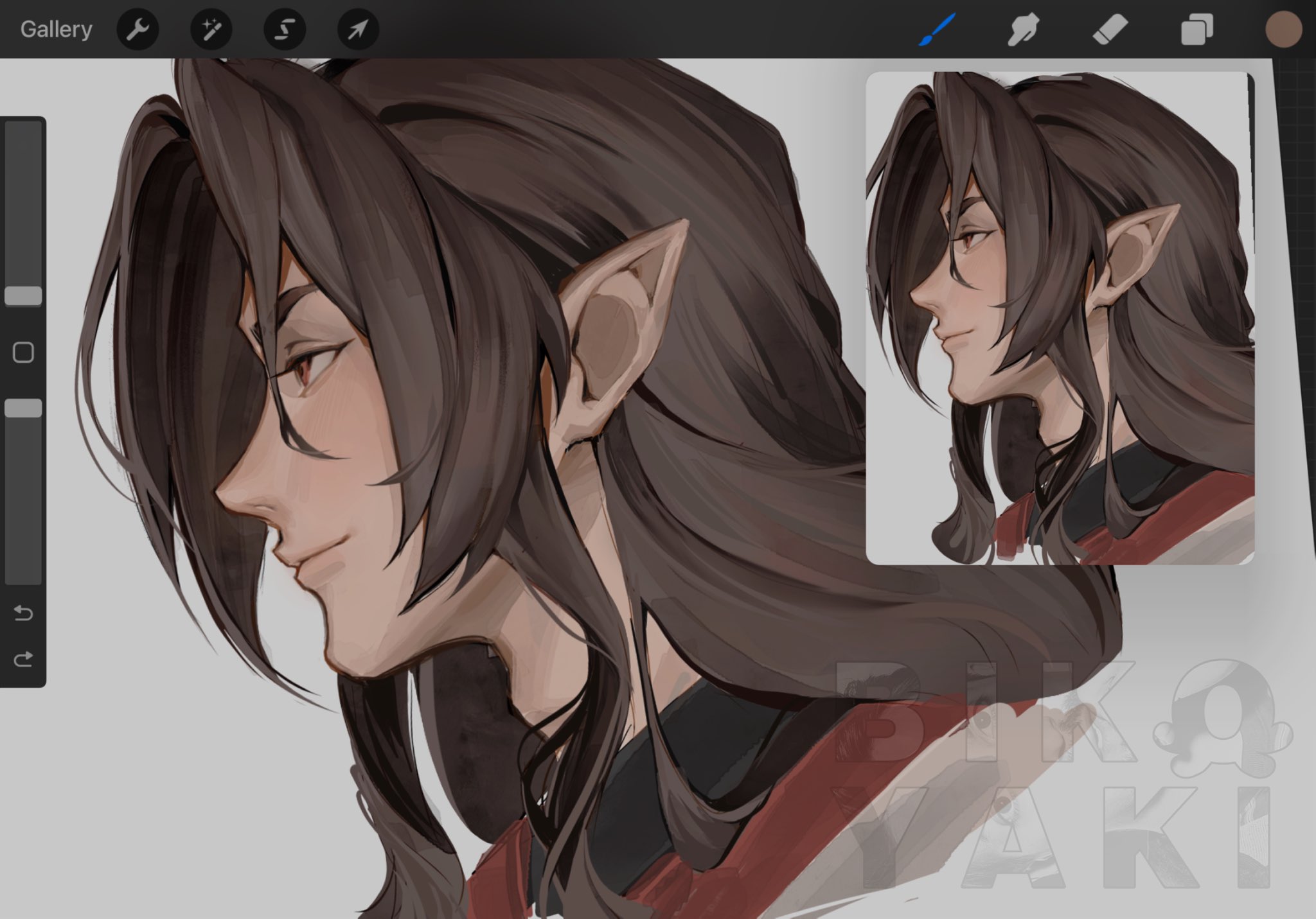 luo binghe, renzha fanpai zijiu xitong, highres, 1boy, adam's apple, art program in frame, bikoyaki, brown hair, closed mouth, cropped shoulders, curly hair, curtained hair, demon, grey background, long hair, multiple views, parted bangs, pointy ears, profile, red eyes, sidelocks, smile, thick eyebrows, v-shaped eyebrows, watermark