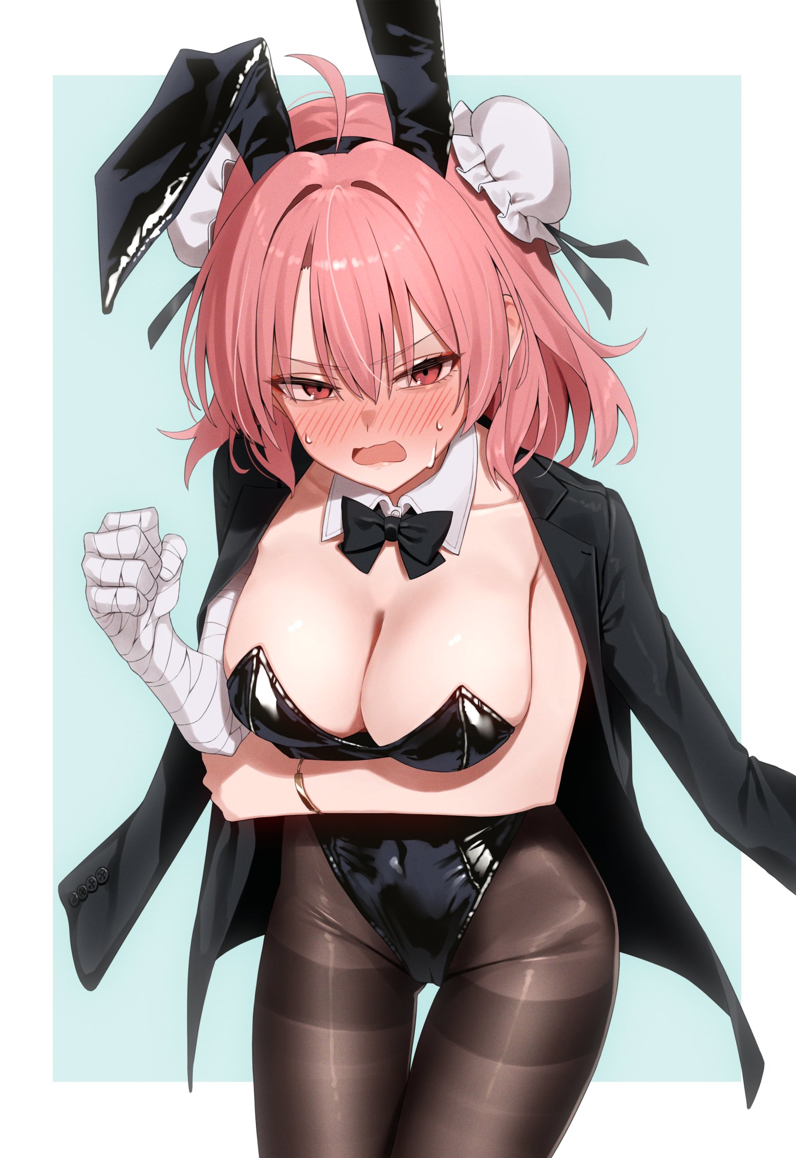 greenkohgen, ibaraki kasen, touhou, commentary request, highres, 1girl, alternate costume, animal ear hairband, animal ears, arm under breasts, black bow, black bowtie, black hairband, black jacket, black leotard, black pantyhose, blazer, blush, bow, bowtie, breasts, bun cover, cleavage, collarbone, covered navel, cowboy shot, detached collar, embarrassed, fake animal ears, hairband, jacket, large breasts, leotard, looking at viewer, open clothes, open jacket, open mouth, pantyhose, pink hair, playboy bunny, rabbit ear hairband, rabbit ears, red eyes, solo, thighband pantyhose