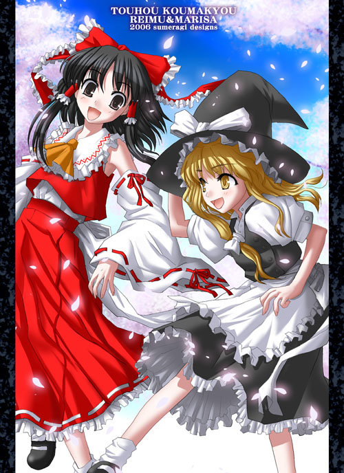 sumeragi seisuke, hakurei reimu, kirisame marisa, touhou, white legwear, 2girls, ascot, black eyes, black hair, blonde hair, bow, character name, copyright name, day, detached sleeves, female focus, hair bow, hat, long hair, multiple girls, orange ascot, outdoors, short hair, socks, witch hat, yellow eyes