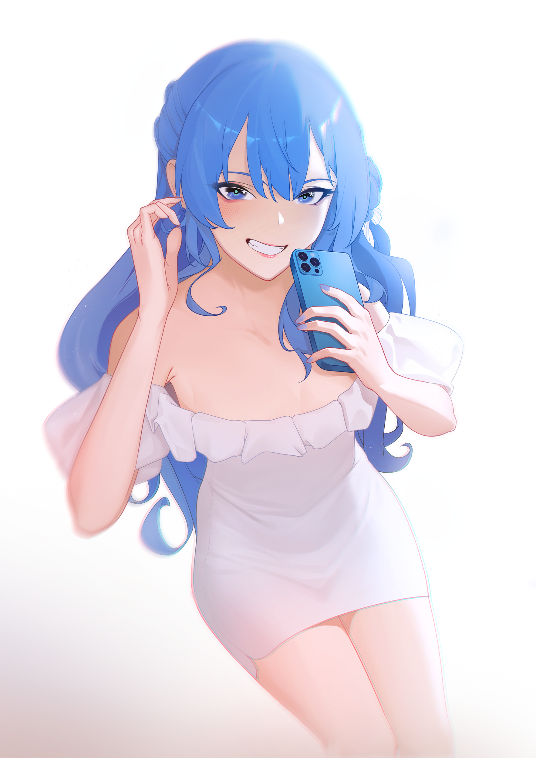 hoshimachi suisei, hololive, absurdres, highres, 1girl, bare shoulders, bayuh21, blue eyes, blue hair, blue nails, breasts, cellphone, cleavage, collarbone, dress, grin, holding, holding phone, long hair, looking at viewer, phone, simple background, small breasts, smartphone, smile, solo, star (symbol), star in eye, symbol in eye, very long hair, virtual youtuber, white background, white dress