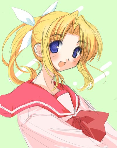 mitsuyuki yuzuna, miyauchi lemmy, to heart, to heart (series), artist request, 1girl, :d, blonde hair, blue eyes, blush, bow, fang, female focus, hair bow, hair ribbon, open mouth, ponytail, ribbon, school uniform, serafuku, sketch, smile, solo