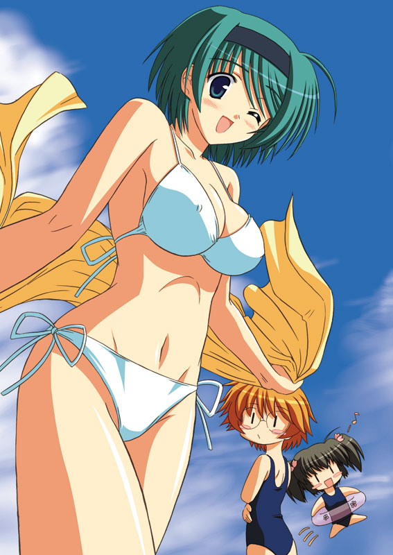kishi nisen, yamada michiru, yoshioka chie, yuzuhara konomi, to heart (series), to heart 2, 00s, 3girls, :/, :d, ;d, ^^^, ahoge, ass, back, bikini, black hair, blue eyes, blue one-piece swimsuit, blush, blush stickers, breasts, chibi, cleavage, cloud, collarbone, covered erect nipples, cowboy shot, day, flat ass, floral print, from below, from side, glasses, green eyes, green hair, groin, hairband, hand on own hip, happy, hip focus, holding, holding towel, innertube, jumping, large breasts, looking at viewer, looking back, multiple girls, musical note, navel, old school swimsuit, one-piece swimsuit, one eye closed, open mouth, orange hair, outdoors, outstretched arms, quaver, rimless eyewear, round eyewear, school swimsuit, shiny skin, short hair, short twintails, side-tie bikini bottom, sideboob, sky, small breasts, smile, spoken musical note, spread arms, spread legs, standing, swim ring, swimsuit, thighs, towel, transparent, twintails, white bikini, wink, | |