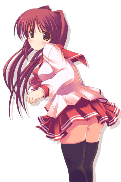 kisaki yuu, kousaka tamaki, to heart (series), to heart 2, 00s, 1girl, black thighhighs, blush, brown eyes, female focus, from behind, long hair, looking back, no panties, pleated skirt, red hair, school uniform, serafuku, skirt, solo, thighhighs, zettai ryouiki