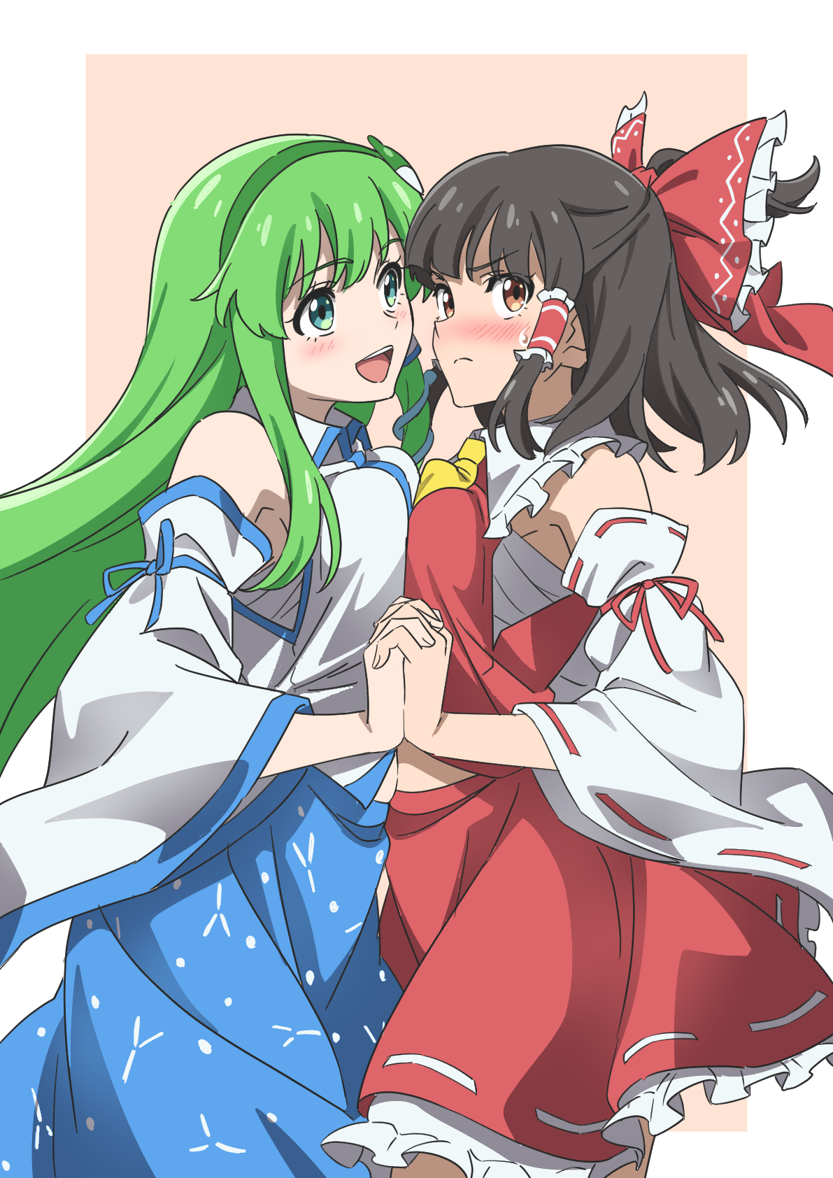 gyouza (mhea5724), hakurei reimu, kochiya sanae, touhou, commentary request, highres, 2girls, :d, ascot, black hair, blue skirt, blush, bow, breast press, brown eyes, chest sarashi, closed mouth, collared shirt, cowboy shot, detached sleeves, frilled bow, frilled hair tubes, frills, frog hair ornament, frown, green eyes, green hair, green hairband, hair bow, hair ornament, hair tubes, hairband, holding hands, interlocked fingers, long hair, long sleeves, medium hair, multiple girls, open mouth, red bow, red shirt, red skirt, ribbon-trimmed skirt, ribbon-trimmed sleeves, ribbon trim, sarashi, shirt, skirt, sleeveless, sleeveless shirt, smile, symmetrical docking, white shirt, white sleeves, wide sleeves, yellow ascot, yuri