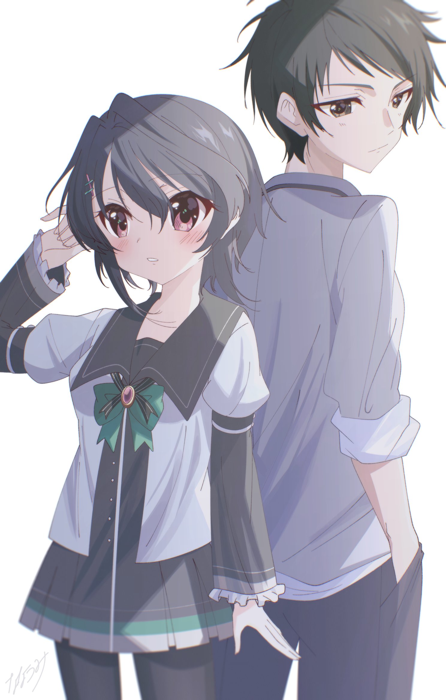 minami773, niimi kakeru, yuuki noa, 9-nine-, commentary request, highres, 1boy, 1girl, arm at side, back-to-back, black dress, black hair, black pants, black pantyhose, blush, bow, bowtie, brown eyes, closed mouth, cowboy shot, dress, eyelashes, frilled sleeves, frills, green bow, green bowtie, grey jacket, hair intakes, hair ornament, hairclip, hakusen academy school uniform, hand in pocket, hand up, jacket, juliet sleeves, kuho girls academy school uniform, light frown, light smile, long sleeves, looking ahead, looking down, pants, pantyhose, parted lips, pleated dress, puffy sleeves, red eyes, school uniform, short dress, short hair, short hair with long locks, signature, sleeves rolled up, smile, spiked hair, split mouth, standing, tareme, tsurime, v-shaped eyebrows, wide sleeves