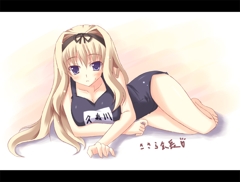 ruru (artist), ruru (heat haze), kusugawa sasara, to heart (series), to heart 2, 00s, 1girl, black one-piece swimsuit, blonde hair, female focus, letterboxed, name tag, one-piece swimsuit, school swimsuit, solo, swimsuit