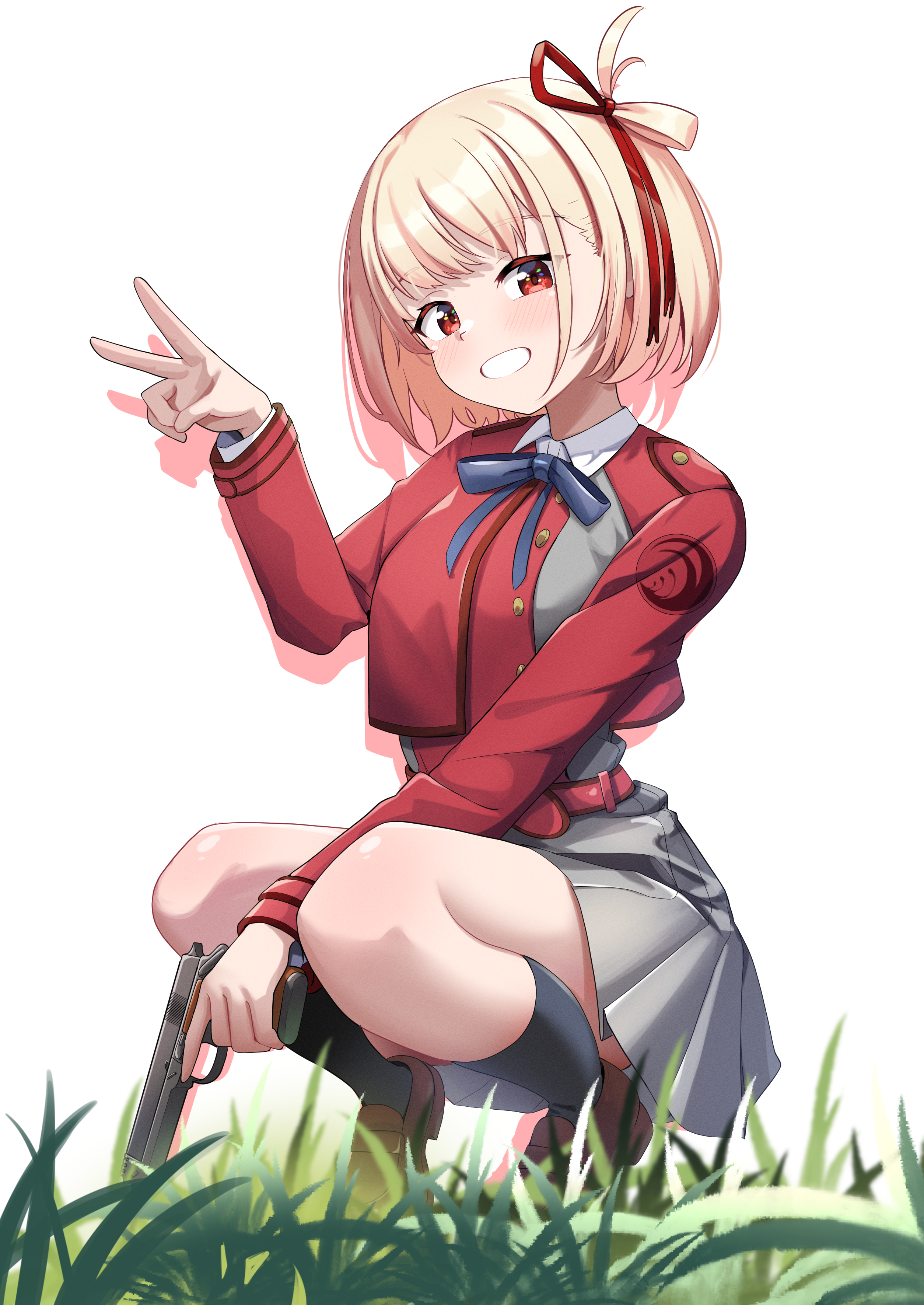 comaya, nishikigi chisato, lycoris recoil, absurdres, highres, 1girl, belt, black socks, blonde hair, breasts, brown shoes, full body, grass, grey skirt, grin, gun, hair ribbon, handgun, holding, holding gun, holding weapon, long sleeves, looking at viewer, lycoris uniform, neck ribbon, red belt, red eyes, ribbon, shoes, short hair, simple background, skirt, smile, socks, solo, squatting, v, weapon, white background