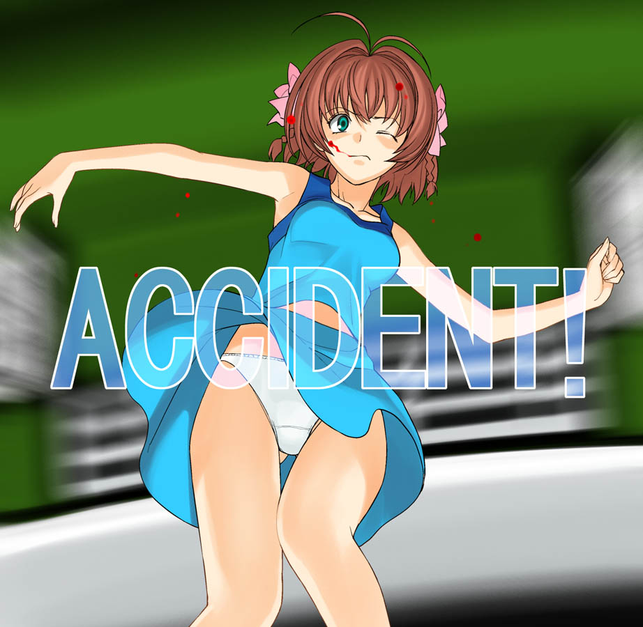 a1 (initial-g), suzumiya haruka, idolmaster, idolmaster (classic), idolmaster 1, kimi ga nozomu eien, 1girl, blood, braid, brown hair, female focus, green eyes, hair ribbon, panties, pantyshot, parody, ribbon, short hair, skirt, solo, standing, tank top, thigh gap, thighs, underwear, white panties, wince