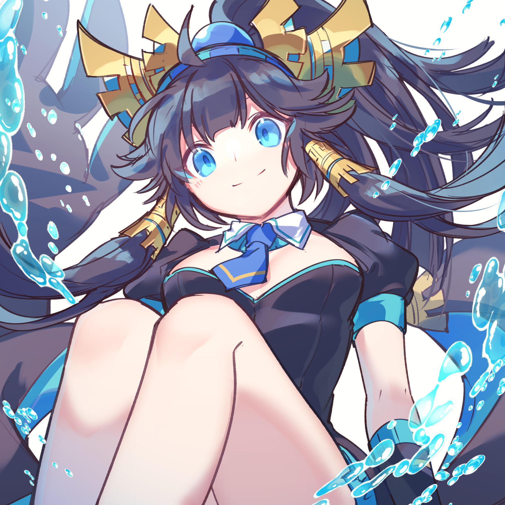 kuuron (moesann17), nephthys (p&d), puzzle & dragons, highres, 1girl, bare legs, blue eyes, blue hair, breasts, closed mouth, hairband, headdress, long hair, looking at viewer, necktie, ponytail, smile, splashing, winged hair ornament, winged hairband