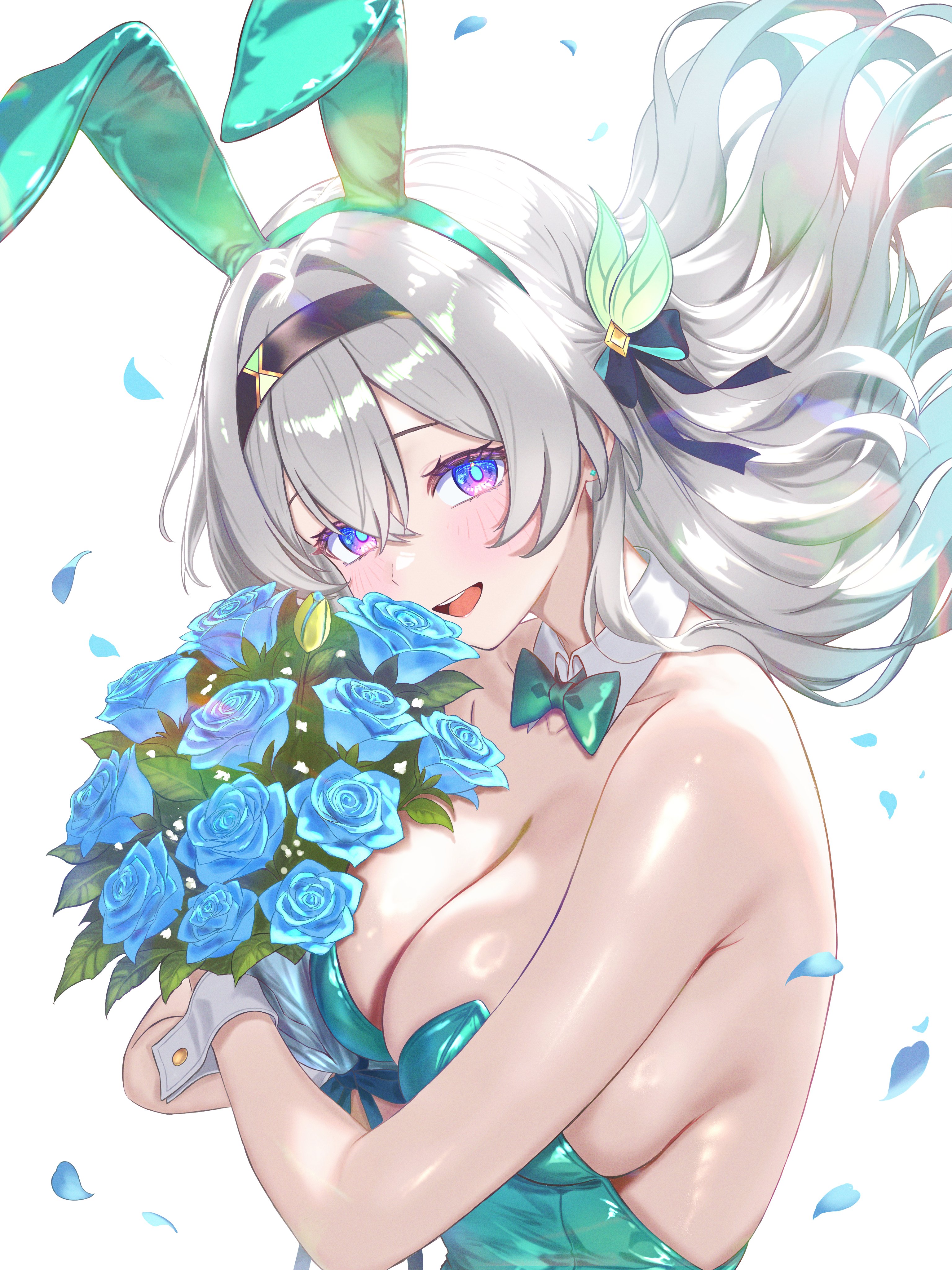 zea (zeamilky), firefly (honkai: star rail), honkai: star rail, honkai (series), absurdres, commentary request, highres, 1girl, alternate costume, animal ear hairband, animal ears, bare shoulders, black bow, black hairband, blue eyes, blue petals, blue pupils, blush, bouquet, bow, bowtie, breasts, collar, detached collar, fake animal ears, floating hair, flower, gradient hair, green bow, green bowtie, green hair, grey hair, hair bow, hair intakes, hairband, holding, holding bouquet, large breasts, leotard, long hair, looking at viewer, multicolored hair, open mouth, playboy bunny, purple eyes, rabbit ear hairband, rabbit ears, smile, solo, strapless, strapless leotard, upper body, white background, white collar, white wrist cuffs, wrist cuffs