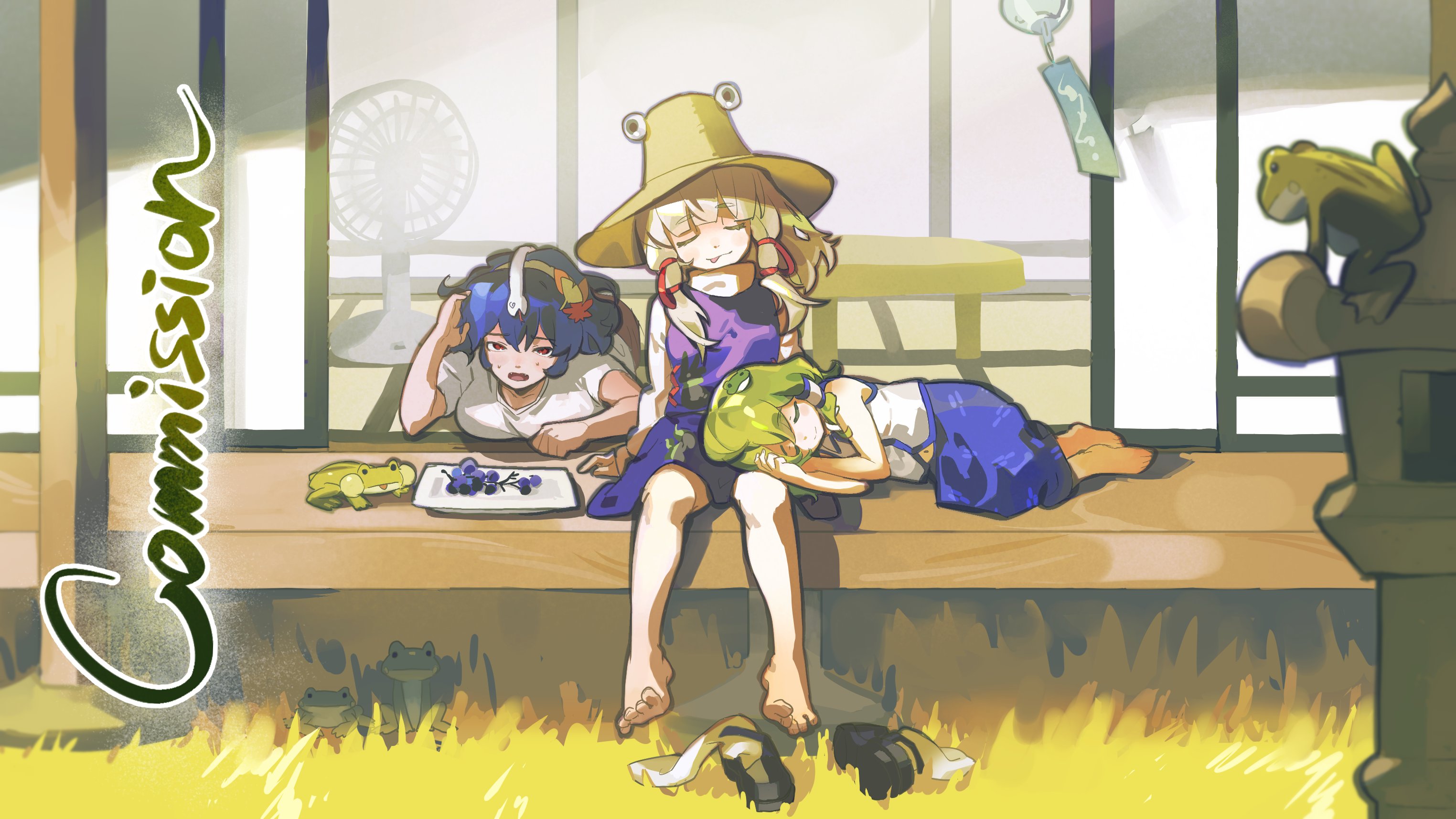 favnvs (s910a ib6), kochiya sanae, moriya suwako, yasaka kanako, touhou, commission, highres, 3girls, barefoot, blonde hair, blue hair, blue skirt, closed eyes, dress, electric fan, frog, frog hair ornament, grass, green hair, hair ornament, lap pillow, multiple girls, open mouth, purple dress, shirt, shoes, sitting, skirt, sleeping, sleeveless, sleeveless shirt, sliding doors, tatami, unworn shoes, white shirt