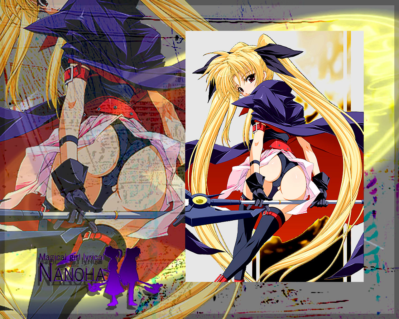 bardiche (device form) (nanoha), bardiche (nanoha), fate testarossa, fate testarossa (original form), lyrical nanoha, mahou shoujo lyrical nanoha, 00s, black thighhighs, solo, thighhighs, twintails, zoom layer
