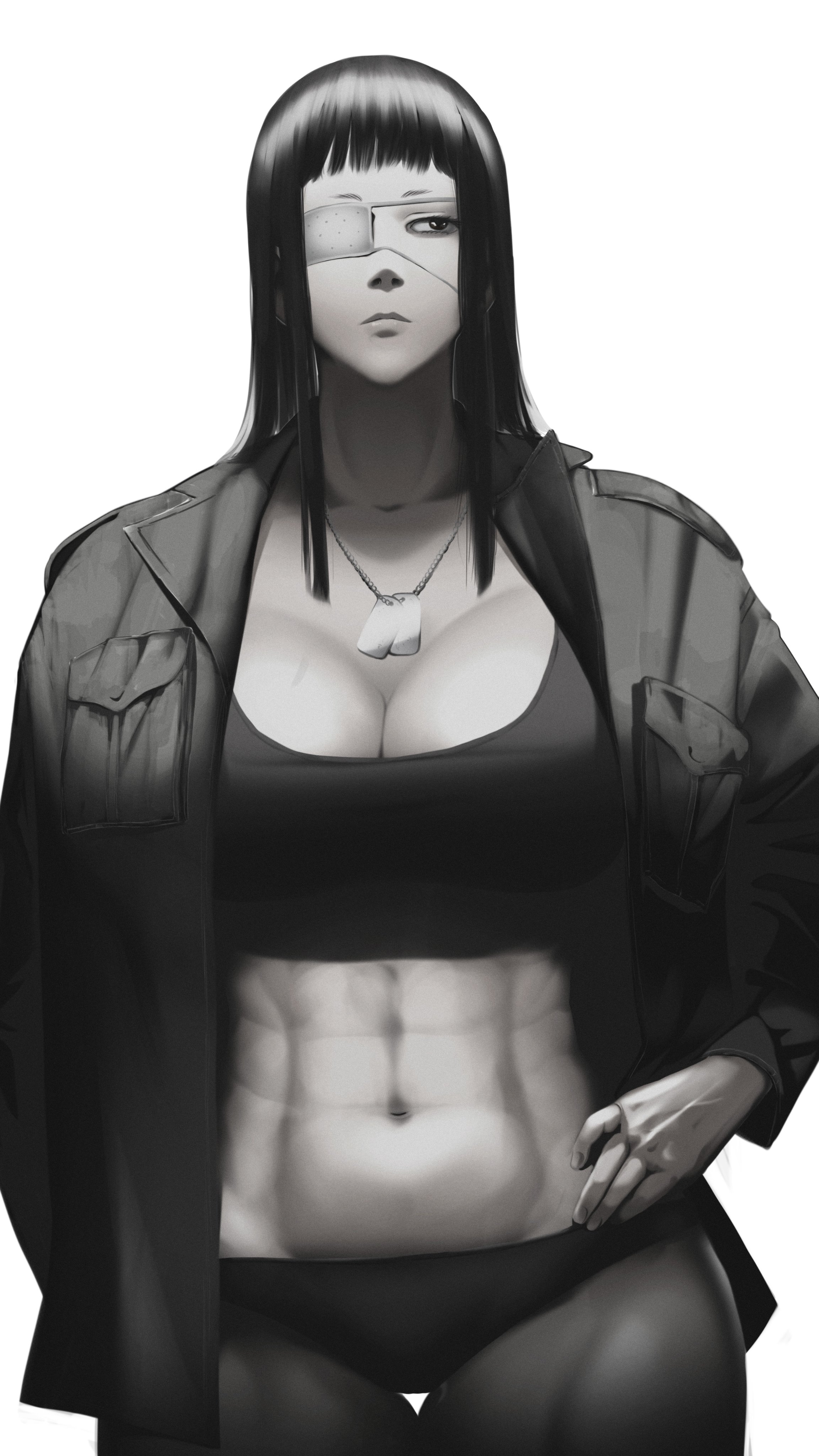 adun madun, jormungand (manga), absurdres, highres, 1girl, abs, black hair, blunt bangs, dog tags, eyepatch, jewelry, long hair, looking to the side, navel, pendant, solo, straight-on, white background
