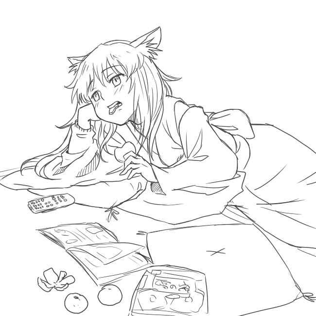 1girl, animal ears, eating, female focus, fox ears, greyscale, japanese clothes, monochrome, solo