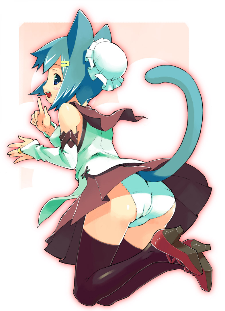 ryuuta (msxtr), original, animal ears, ass, black thighhighs, blouse, blue eyes, blue hair, blue panties, blush, bridal gauntlets, bun cover, cat ears, cat tail, elbow gloves, gloves, hair bun, hair ornament, hairclip, high heels, jumping, looking back, miniskirt, panties, shirt, shoes, short hair, single hair bun, skirt, solo, tail, thighhighs, underwear, upskirt