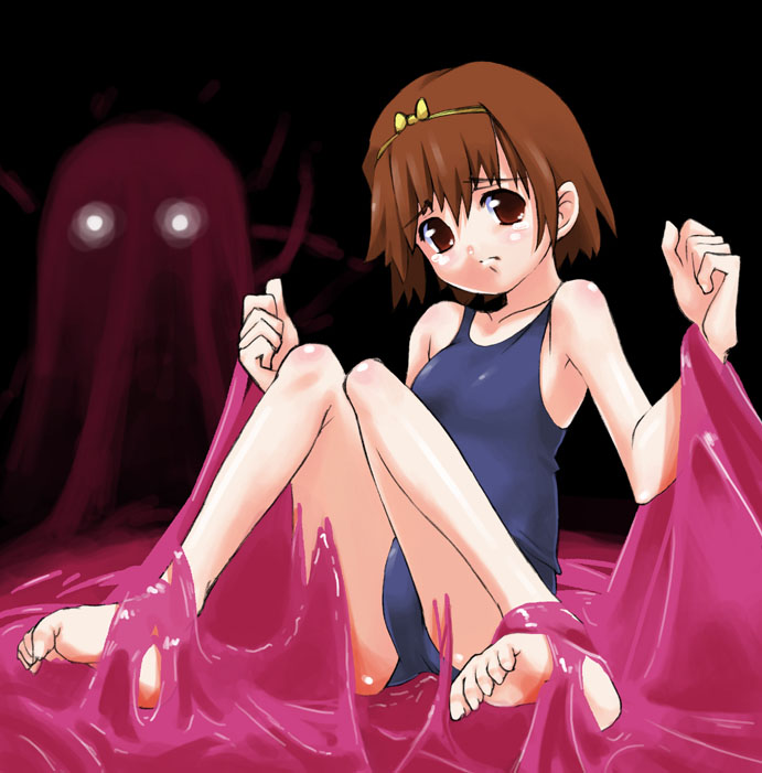1girl, barefoot, black one-piece swimsuit, brown eyes, brown hair, female focus, one-piece swimsuit, school swimsuit, short hair, slime (substance), solo, swimsuit