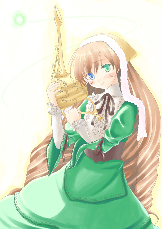 suiseiseki, rozen maiden, 00s, artistic error, headscarf, heterochromia, lolita fashion, long hair, simple background, solo, very long hair, white background, yellow headscarf