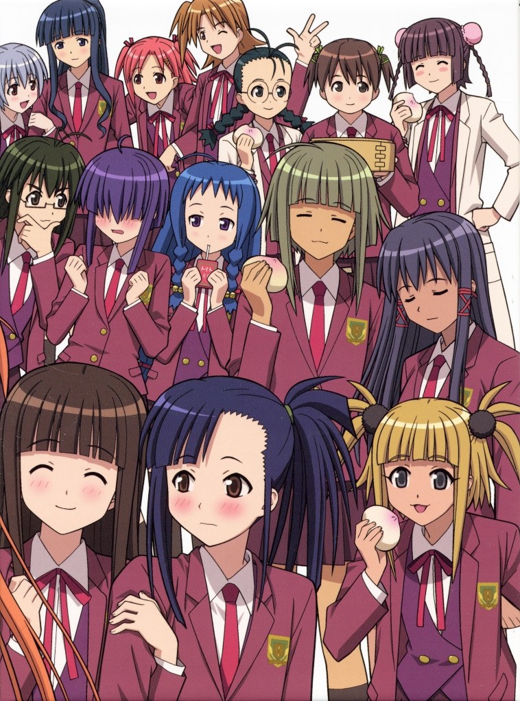akashi yuuna, ayase yue, chao lingshen, hakase satomi, izumi ako, konoe konoka, kufei, miyazaki nodoka, nagase kaede, ookouchi akira, saotome haruna, tatsumiya mana, yotsuba satsuki, mahou sensei negima!, 00s, 6+girls, bamboo steamer, black hair, blazer, blonde hair, blue hair, blush, braid, brown hair, closed eyes, double bun, drinking, dumpling, everyone, food, glasses, grey hair, hair bun, jacket, long hair, multiple girls, necktie, purple hair, school uniform, semi-rimless eyewear, short hair, short twintails, simple background, smile, steamed bun, twin braids, twintails, under-rim eyewear, white background