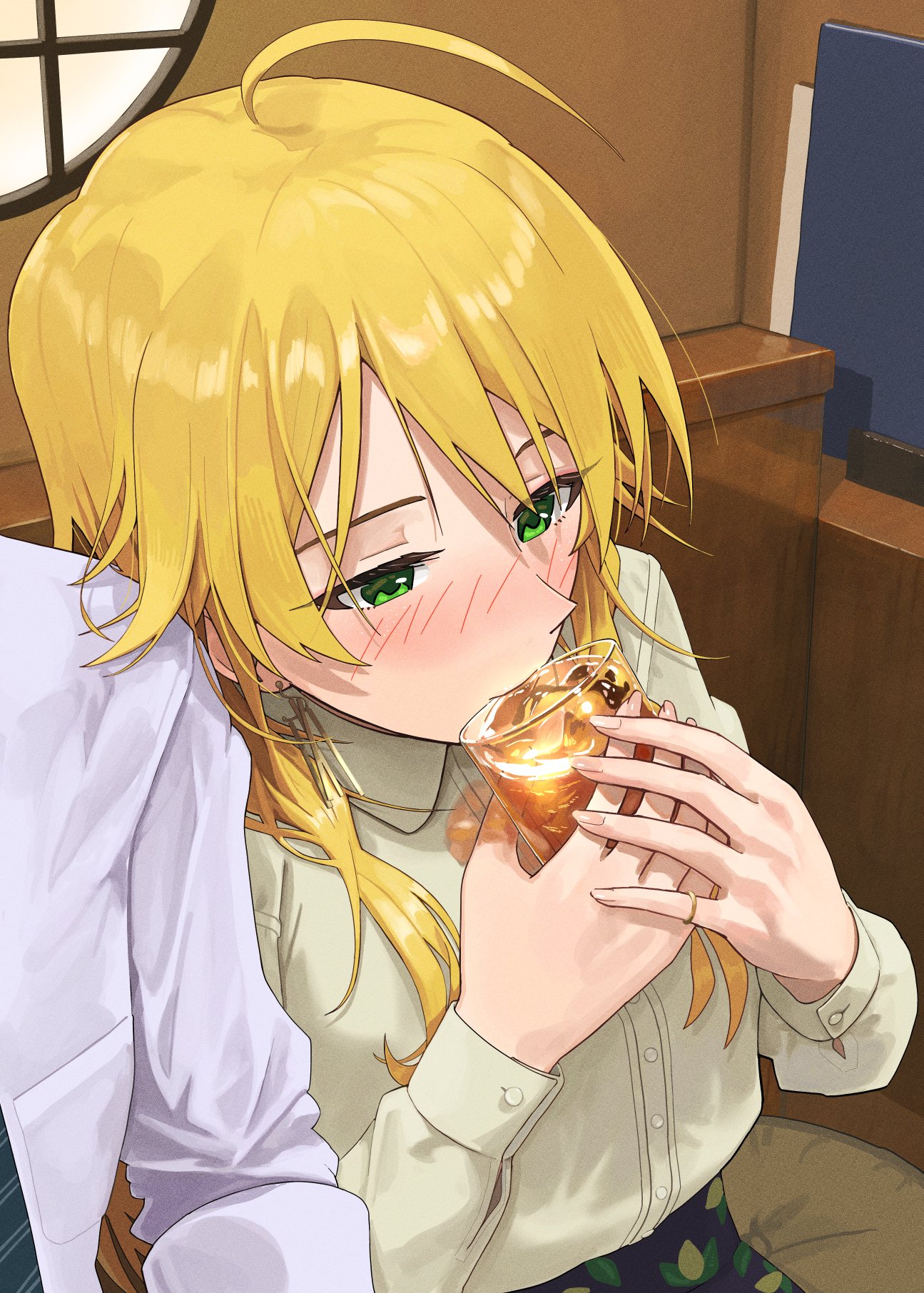 epitaph (1122), hoshii miki, idolmaster, idolmaster (classic), idolmaster million live!, idolmaster million live! theater days, commentary request, highres, 1boy, 1girl, aged up, ahoge, alcohol, bench, blonde hair, blue necktie, blush, booth seating, dress shirt, drunk, earrings, food print, fruit print, green eyes, ice, ice cube, indoors, jewelry, lemon print, long hair, long sleeves, messy hair, necktie, nose blush, print skirt, round window, shirt, sitting, skirt, solo focus, swept bangs, white shirt, window, wing collar, yellow shirt