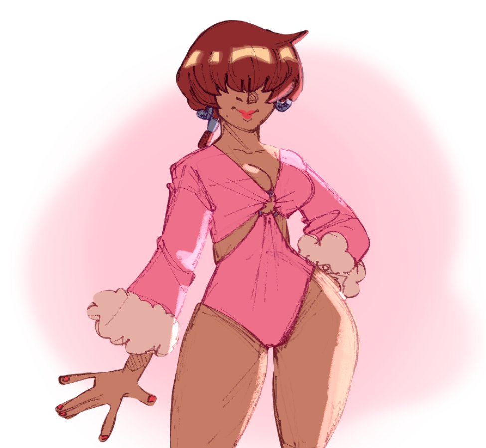 1shermieaday, shermie (kof), the king of fighters, 1girl, bodysuit, breasts, dark-skinned female, dark skin, earrings, female focus, fluffy, heart, huge breasts, jewelry, large breasts, long hair, long sleeves, marellartt, ponytail, smile, smiley face, standing, tan, thick thighs, thighs, wide hips