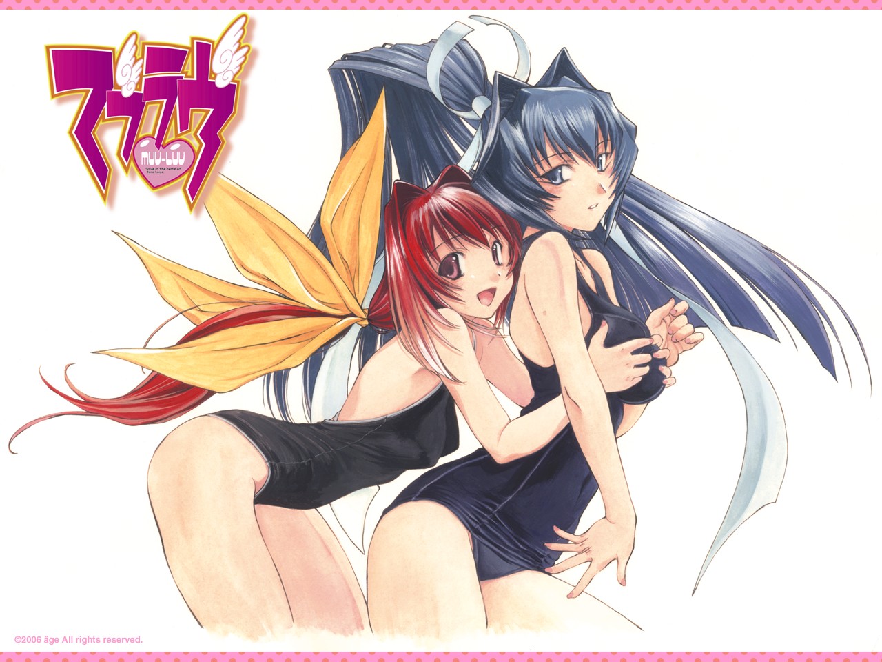 bou (inubou), nishitsuki tsutomu, kagami sumika, mitsurugi meiya, muv-luv, traditional media, 2006, 2girls, :d, alternate costume, bent over, black one-piece swimsuit, blue eyes, blue hair, blue one-piece swimsuit, blush, breasts, company name, competition school swimsuit, copyright name, covered navel, cowboy shot, dated, fingernails, from side, grabbing another's breast, grabbing from behind, groping, hair intakes, hair ribbon, heart, high ponytail, large breasts, letterboxed, logo, long fingernails, long hair, looking at viewer, looking back, low ponytail, multiple girls, old school swimsuit, one-piece swimsuit, open mouth, parted lips, pink eyes, polka dot, ponytail, red hair, ribbon, school swimsuit, simple background, smile, swimsuit, very long hair, yuri